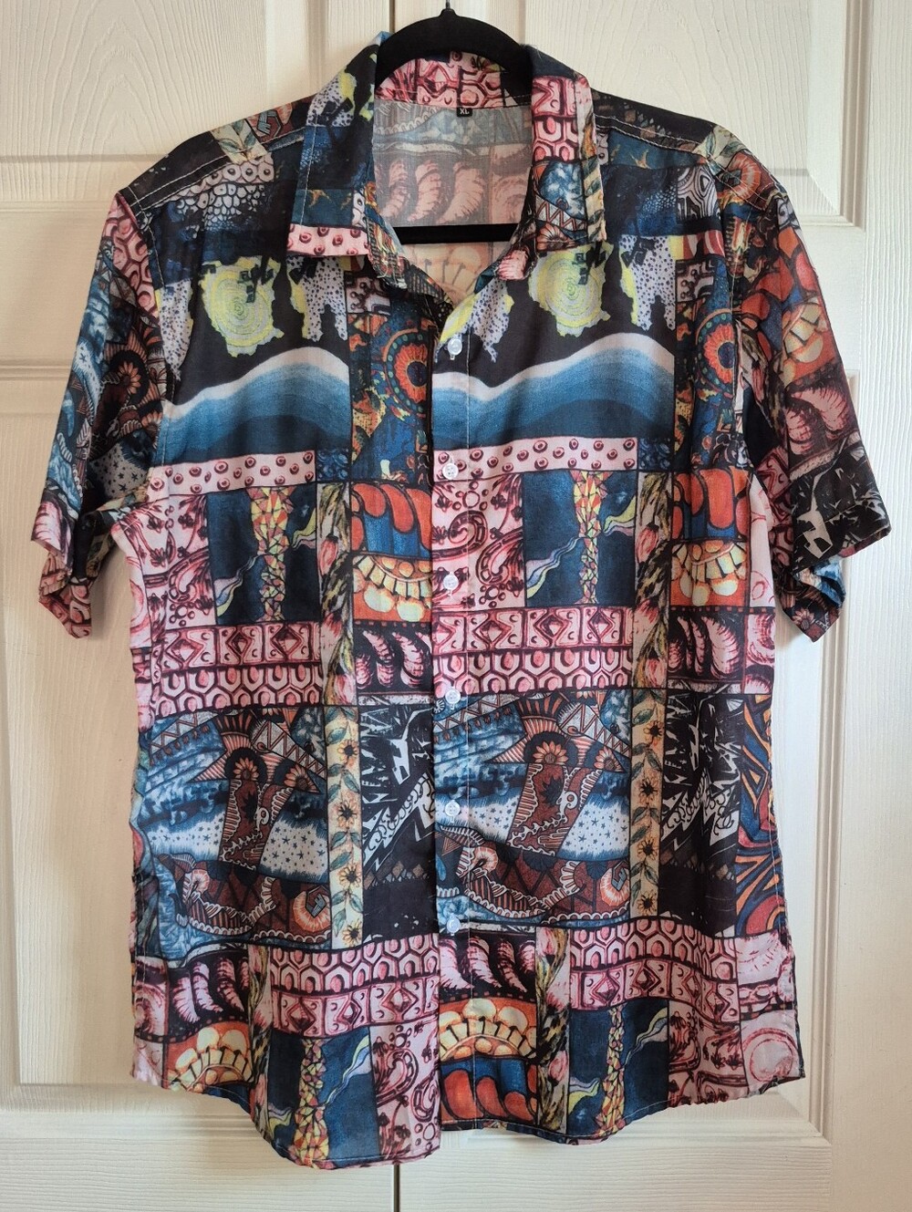 Casual Artsy Multicolor Patchwork Print Short Sleeve Button-Up Shirt Men's XL
